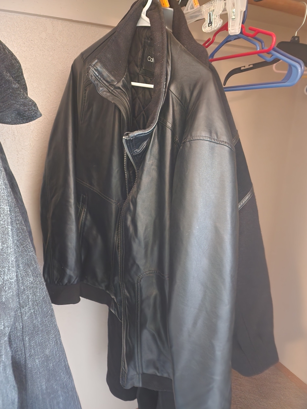 Calvin Klein Black Leather Bomber Jacket Size L